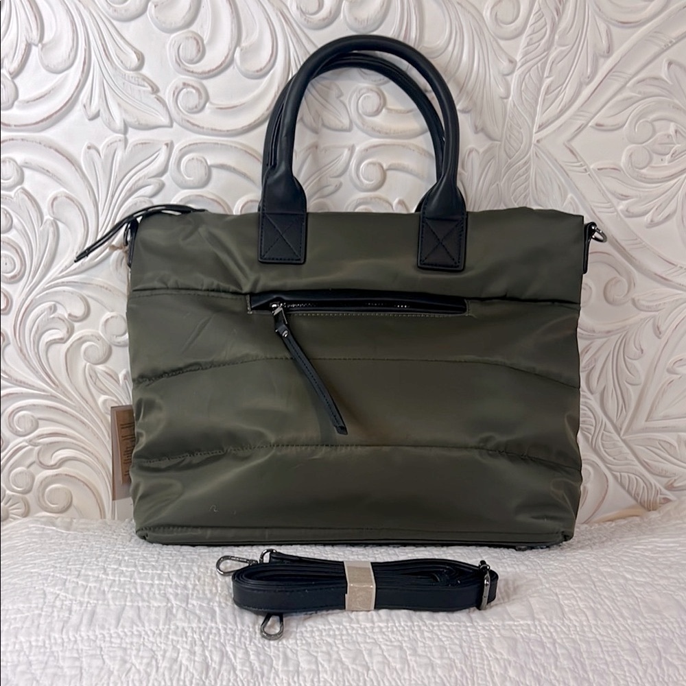New Olive Green Puffer Tote Bag with Black Handles